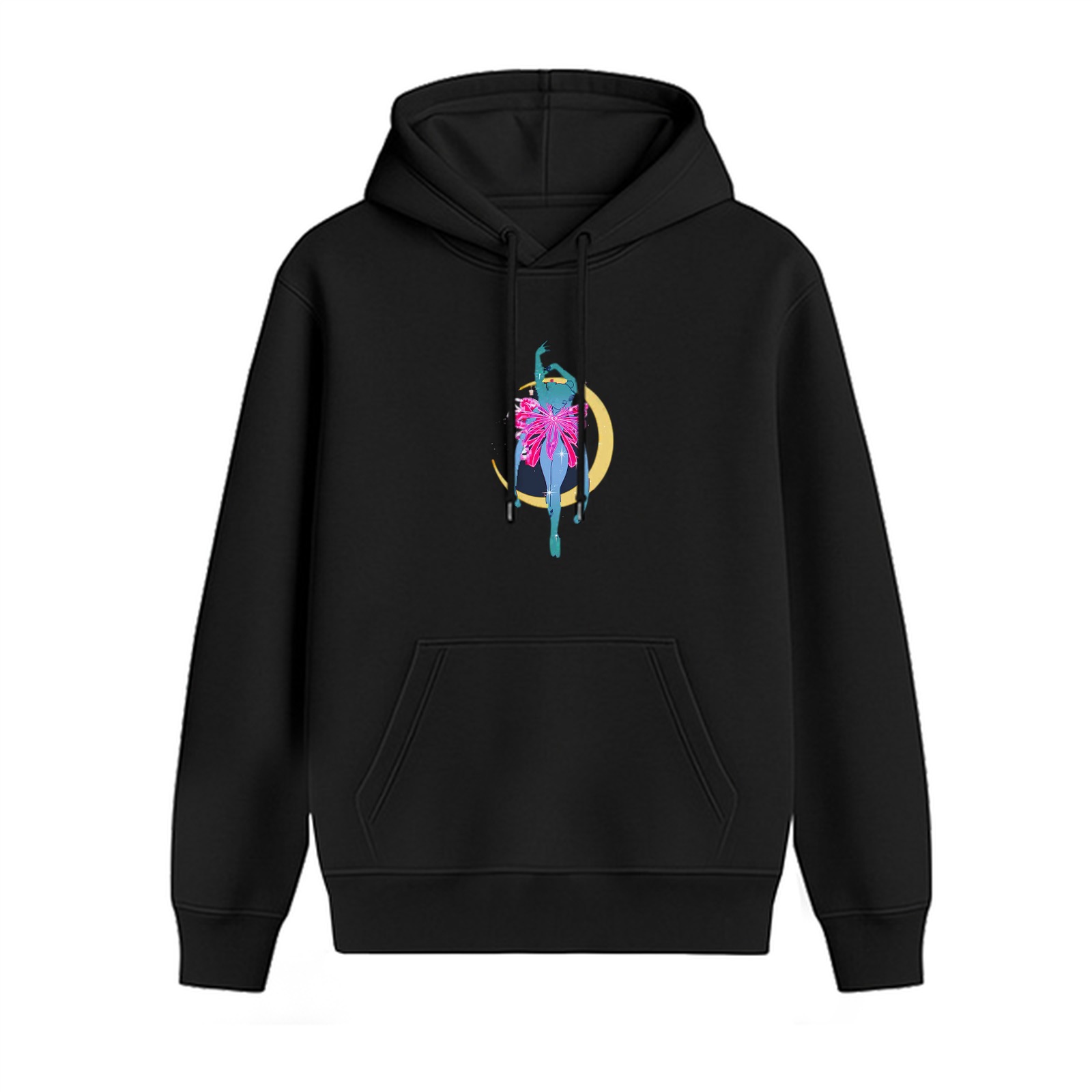 Black hoodie with fairy and crescent moon graphic print