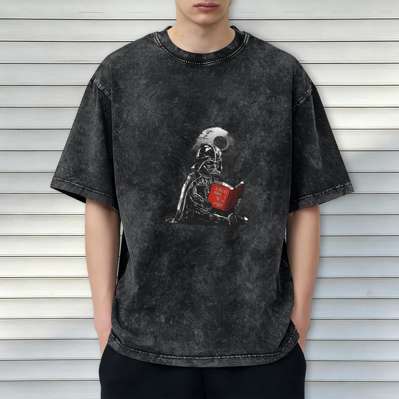 Washed black t-shirt with Darth Vader reading how to be a good father