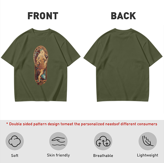 Olive Green T-Shirt With Art Nouveau Style Mythical Figure Print