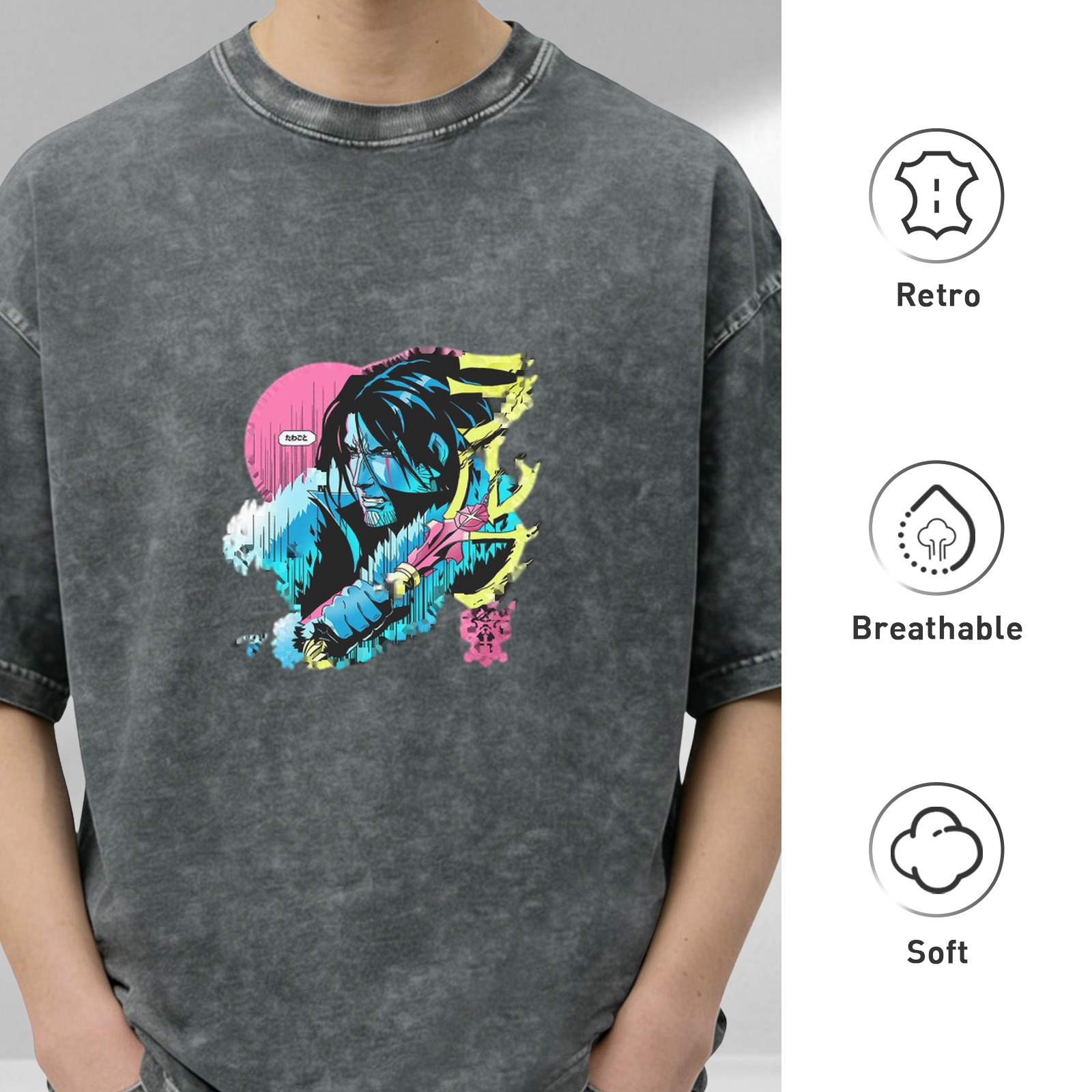 Distressed washed black loose short-sleeved T-shirt anime style character print design