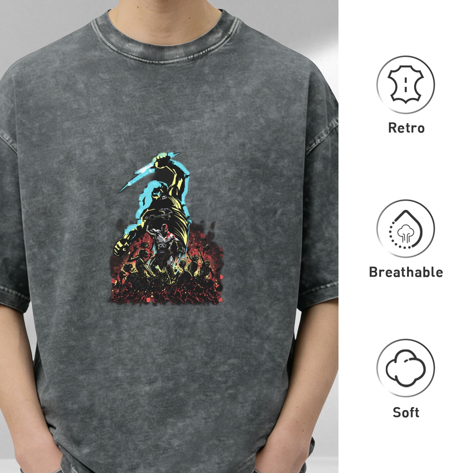 Washed Black Graphic T-Shirt With Mythological Warrior Print