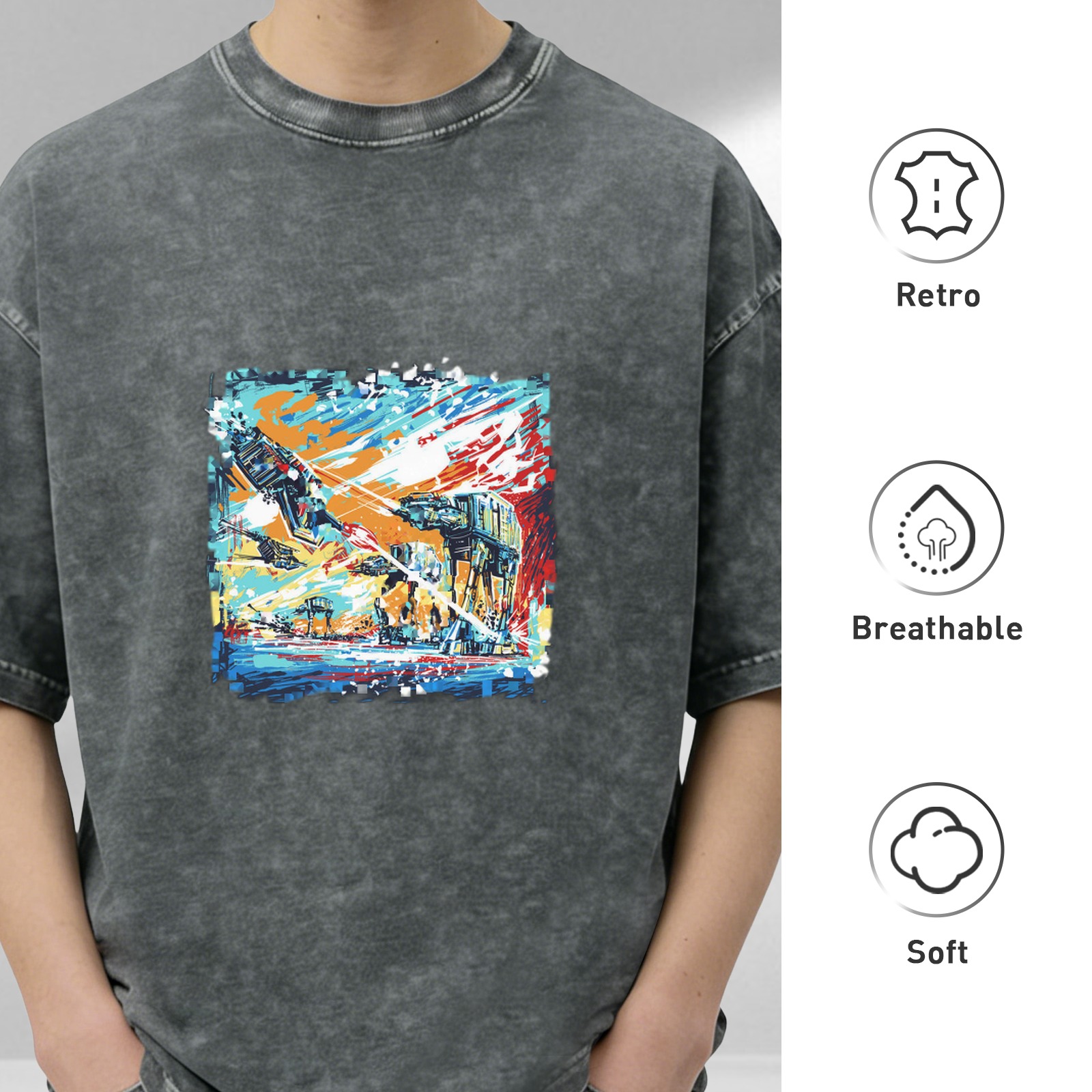 Washed Black Graphic T-Shirt with Sci-Fi Battle Art Print
