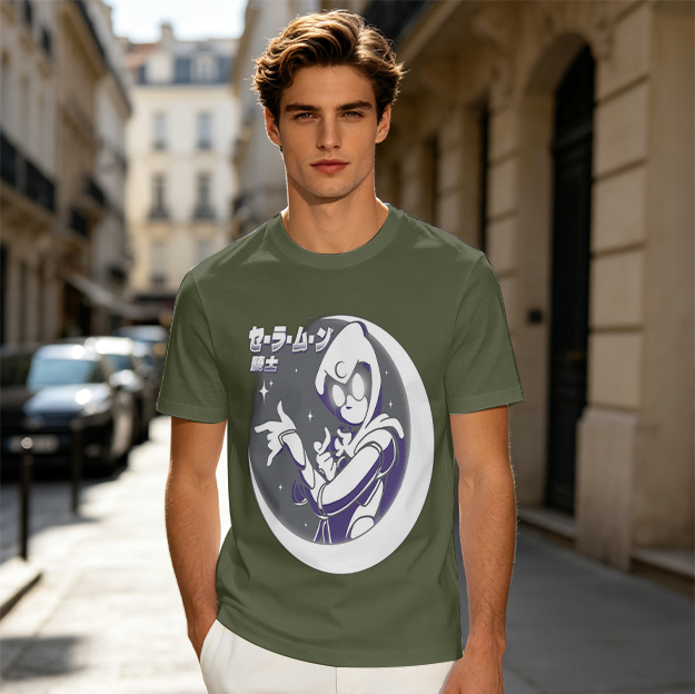 Olive T-shirt with Moon Warrior Anime Graphic Print