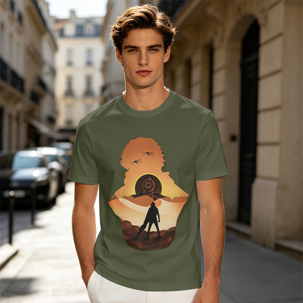 Olive Green T-Shirt With Desert Sunset Silhouette Graphic