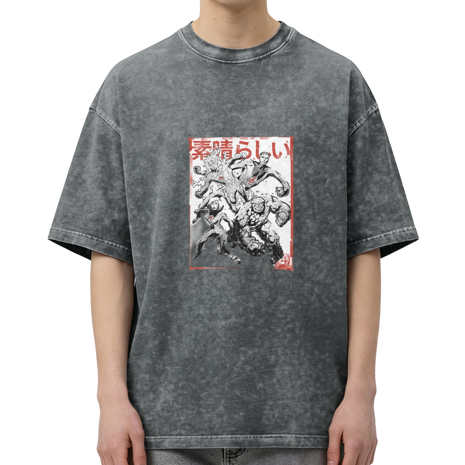 Oversized faded graphic t-shirt with manga-style superhero artwork
