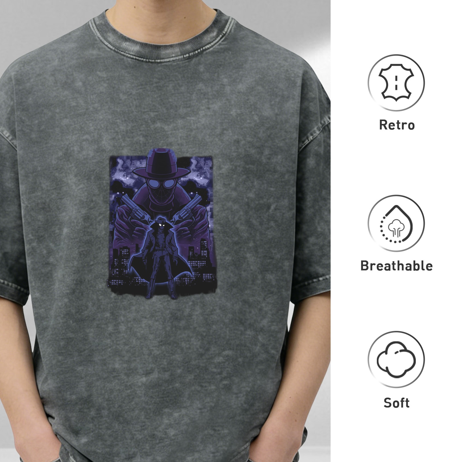 Oversized Dark Wash T-Shirt With Noir Detective Graphic Print
