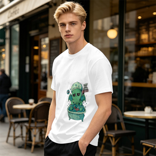 Olive T-shirt with Cute Sad Cthulhu Bathing Graphic