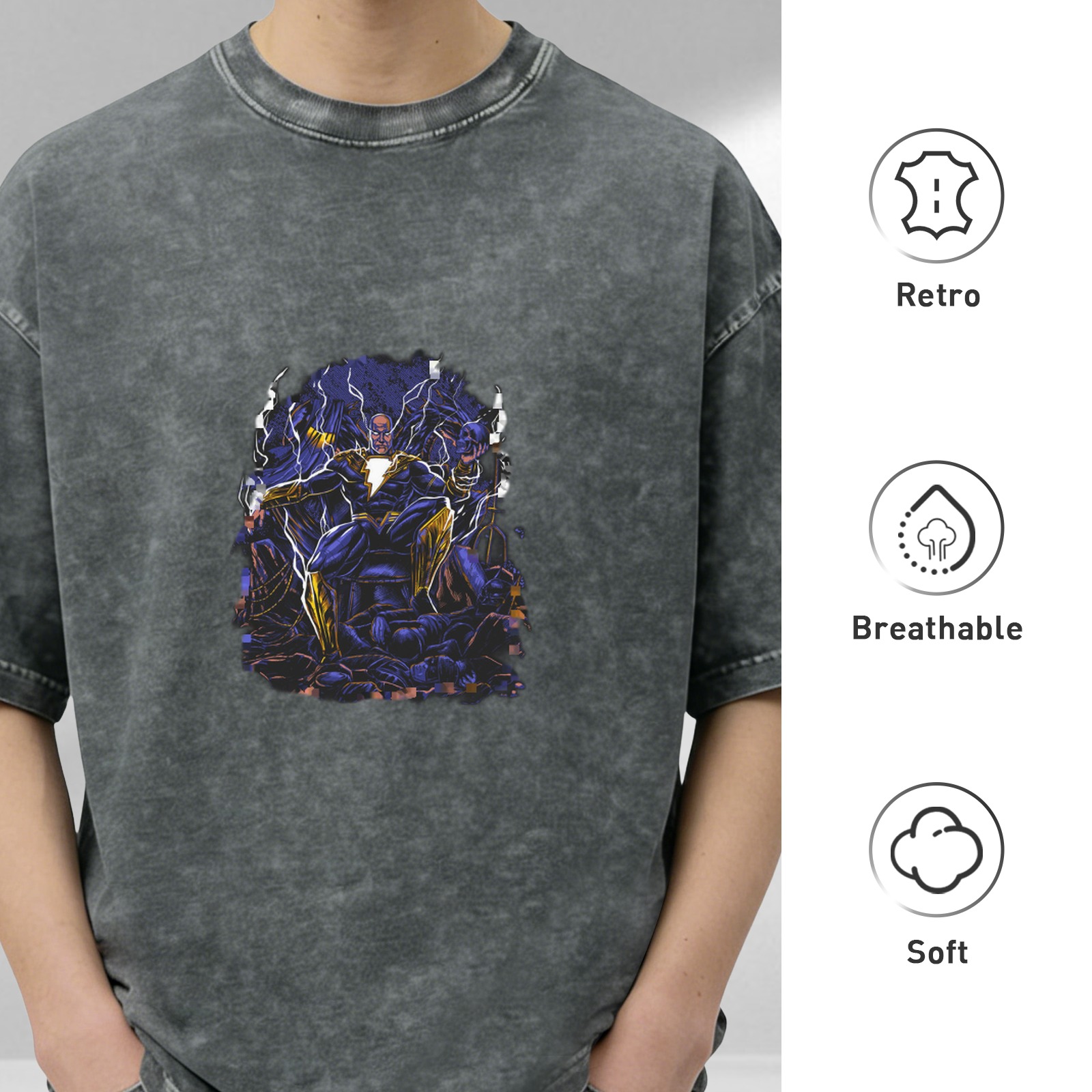 Oversized Dark Wash T-Shirt With Black Adam Lightning Artwork