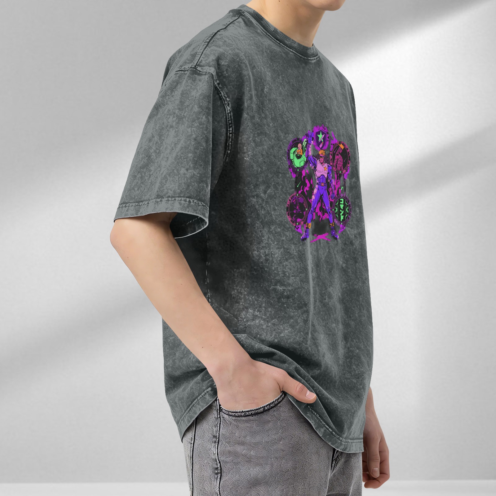 Washed Black T-Shirt with Neon Anime Superhero Graphic Print