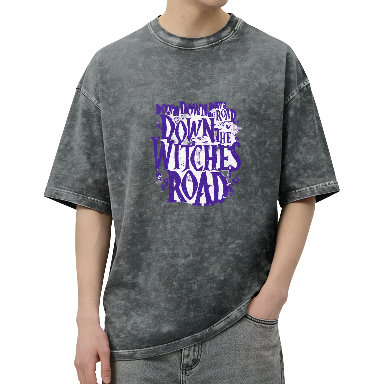 Washed Black Graphic T-Shirt with Down The Witches Road Text
