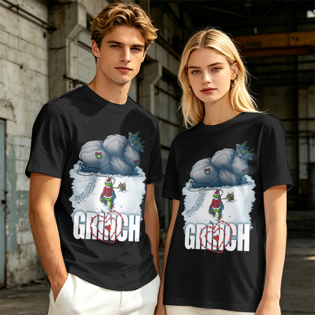 Grinch Stealing Christmas Gifts Snow Scene Graphic T-Shirt