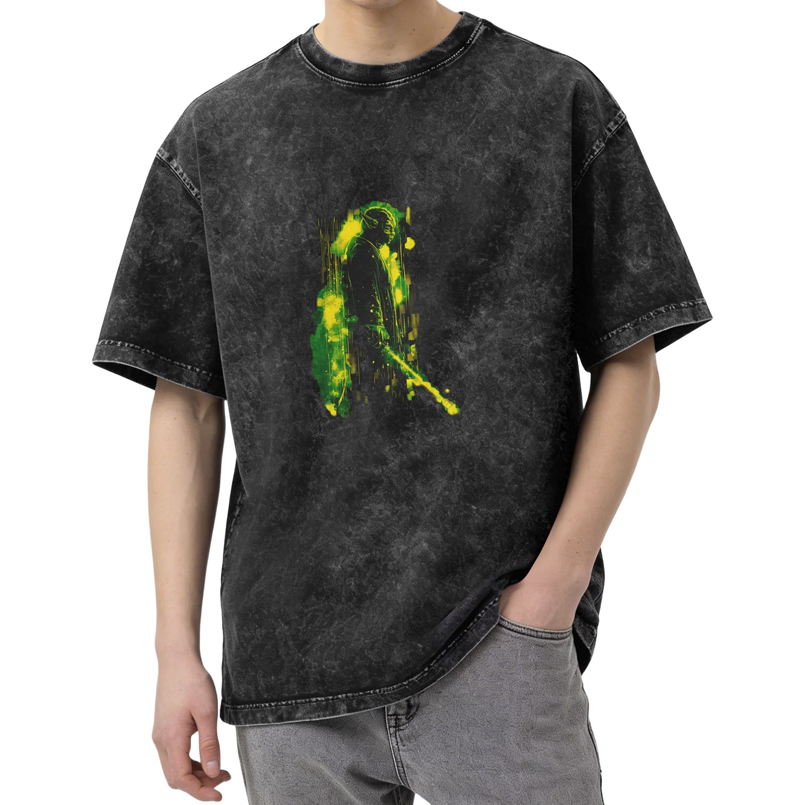 Oversized Acid Wash T-Shirt With Abstract Green Yellow Figure Print