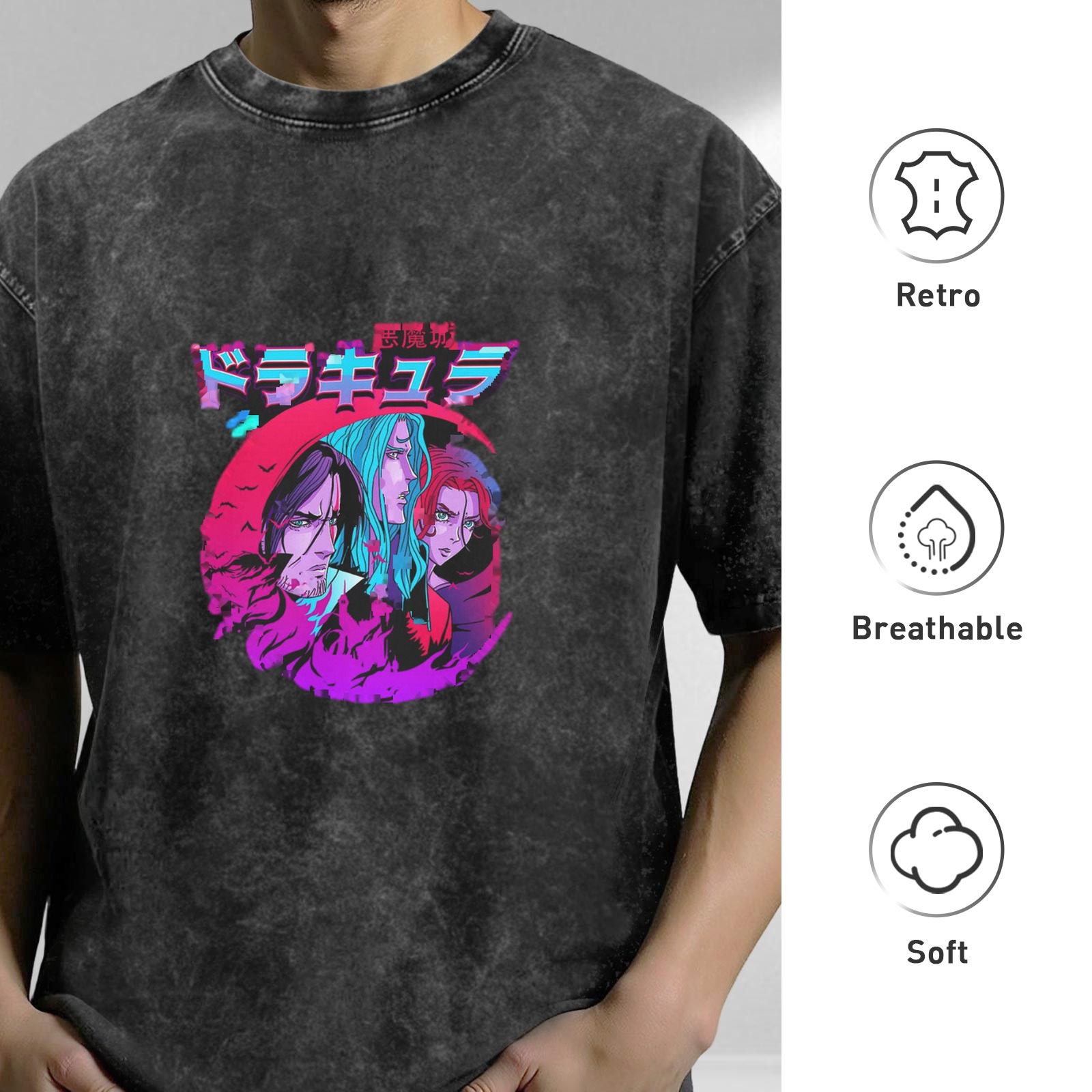 Retro washed black anime theme printed short-sleeved T-shirt