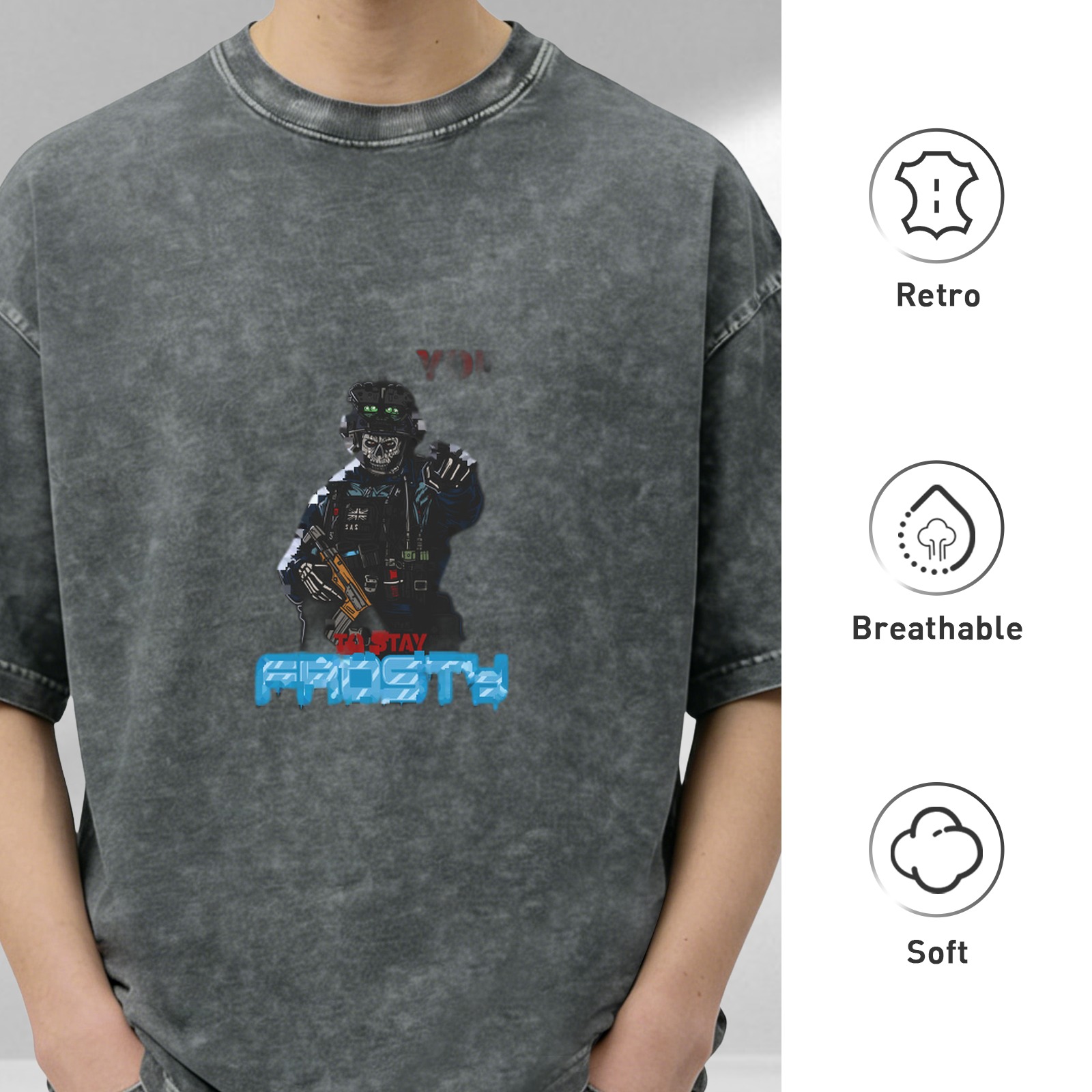 Oversized Dark Wash Graphic Tee with Stay Frosty Skeleton Soldier Print