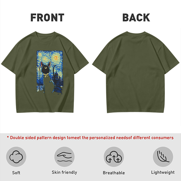 Olive T-Shirt with Starry Night Cat Art Print