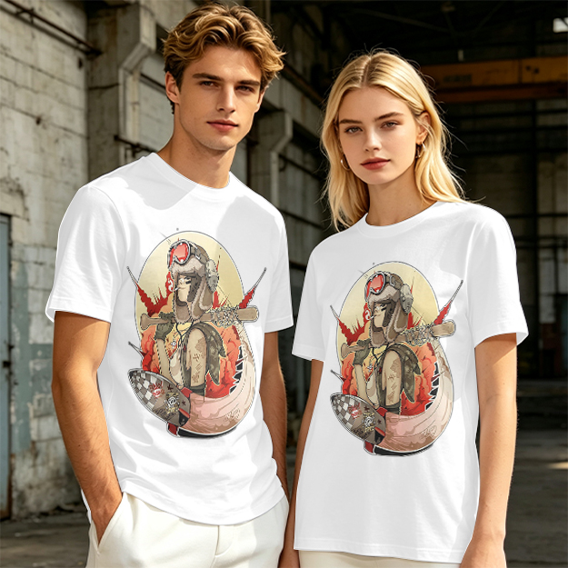 Olive T-Shirt with Retro Military Pilot Girl Graphic Print