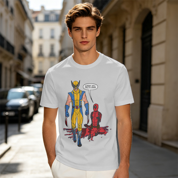 Olive T-Shirt Featuring Wolverine and Deadpool Comic Art