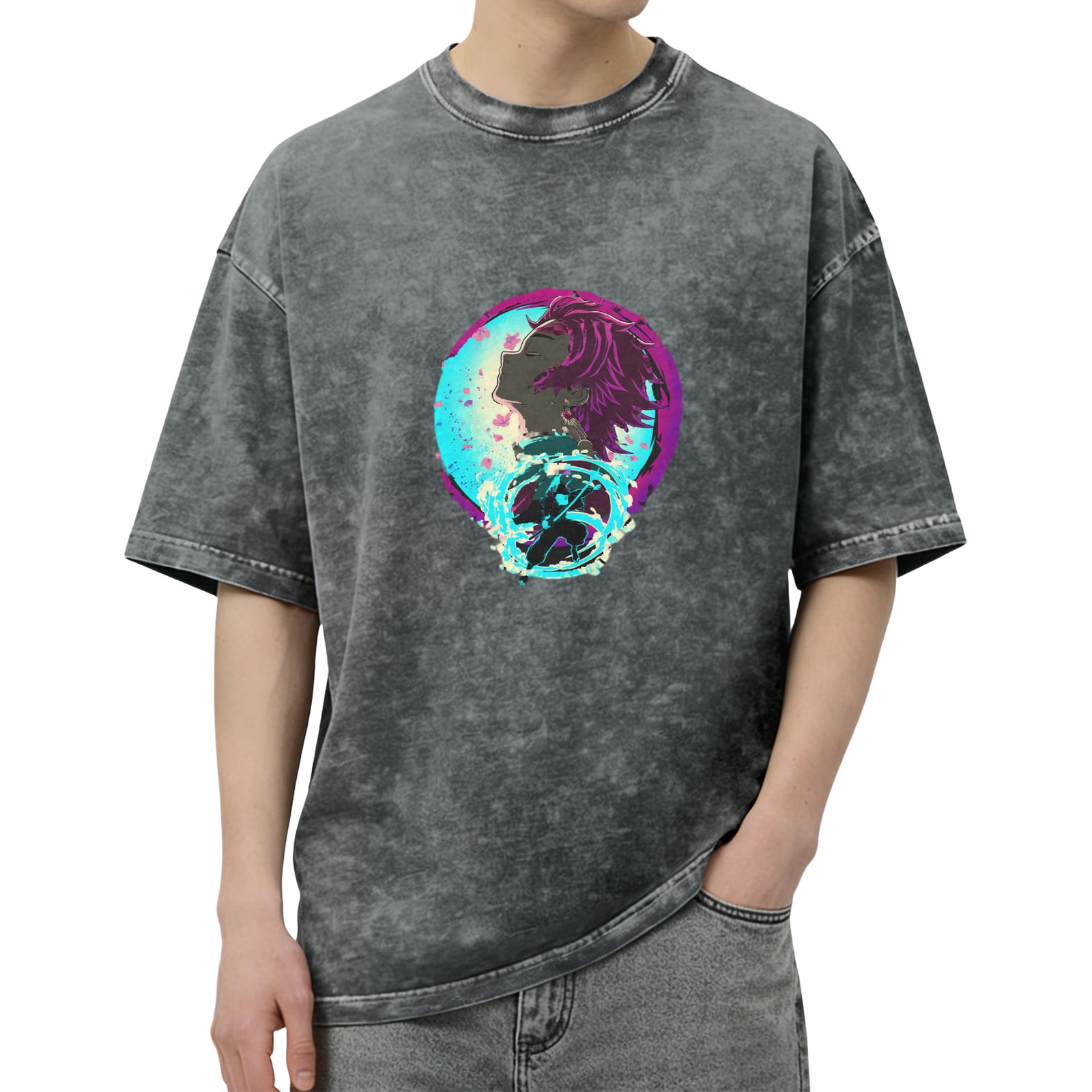 Oversized Washed Anime Demon Slayer Graphic T-Shirt