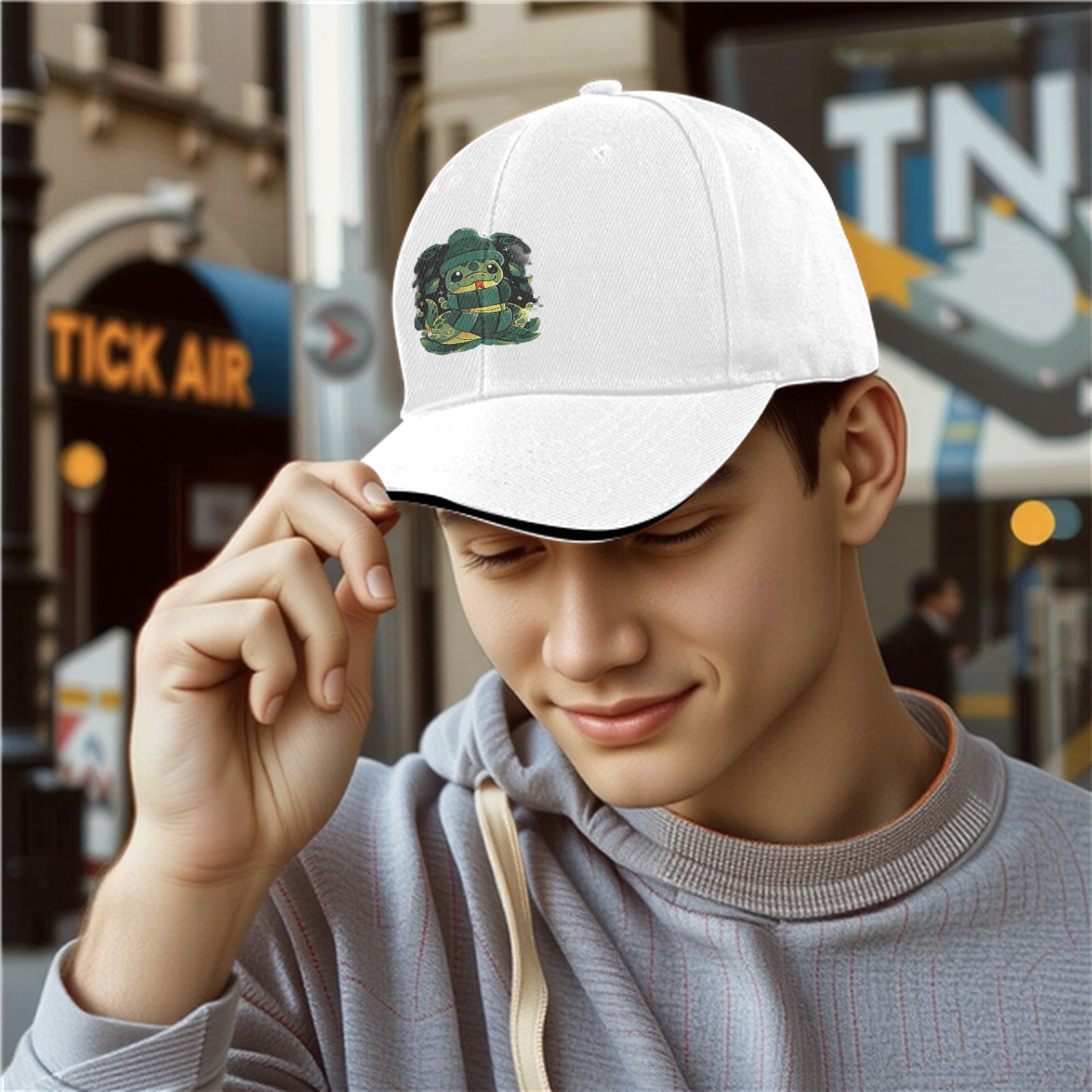 Black Baseball Cap With Cute Cartoon Snake Graphic Design