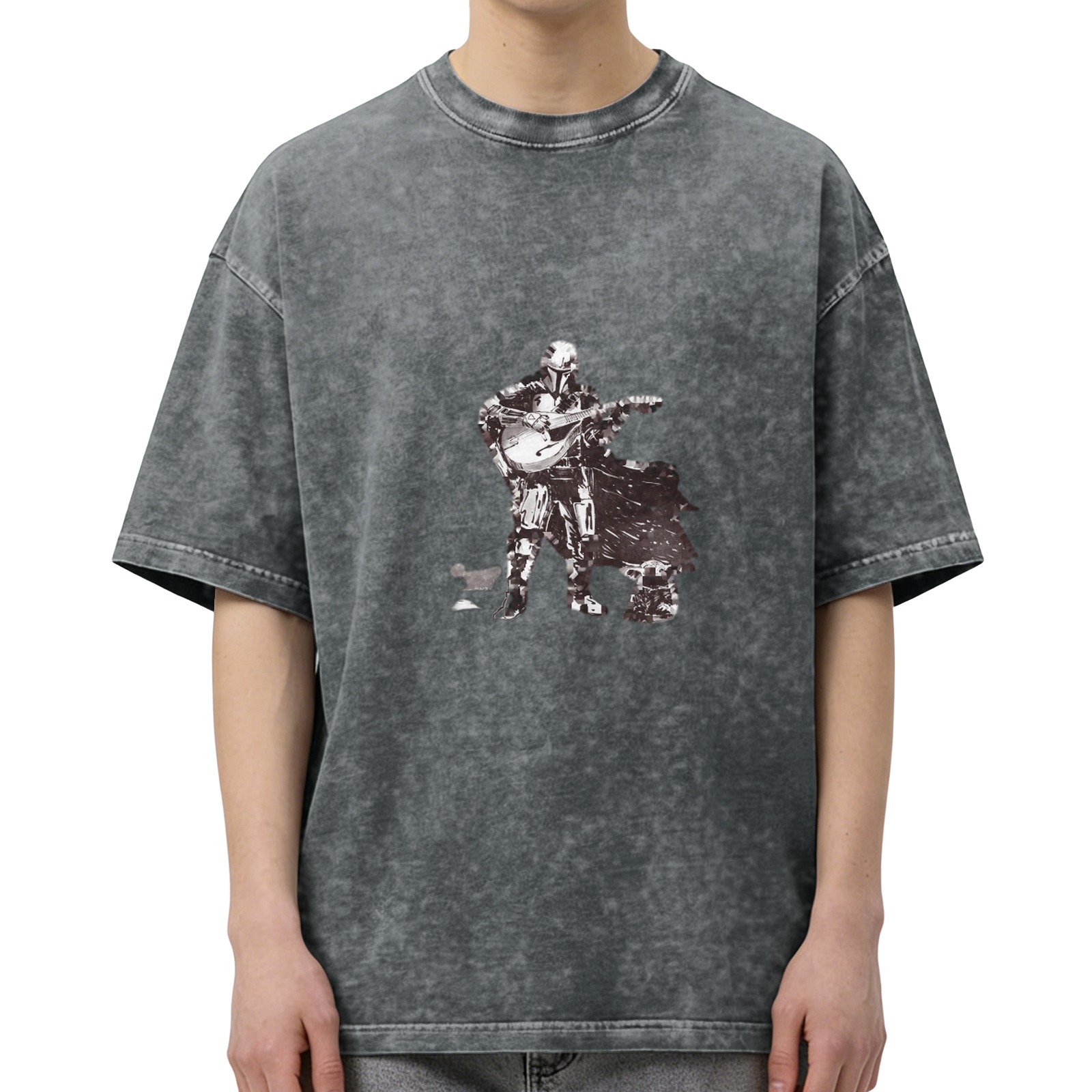 Washed Black T-Shirt With Mandalorian Playing Lute Artwork