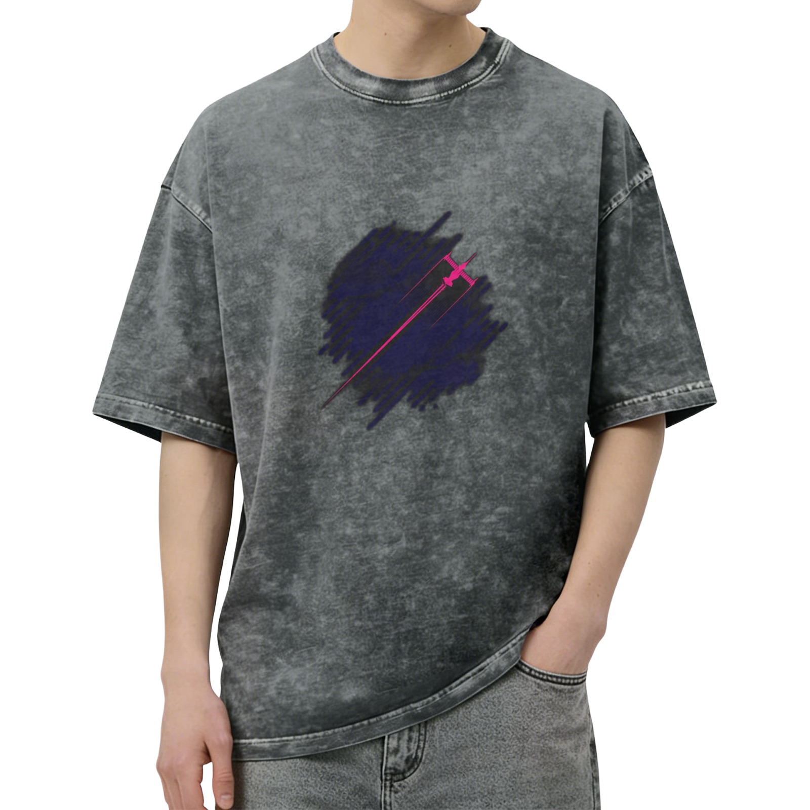 Distressed washed black loose short-sleeved T-shirt with pink and purple fighter print