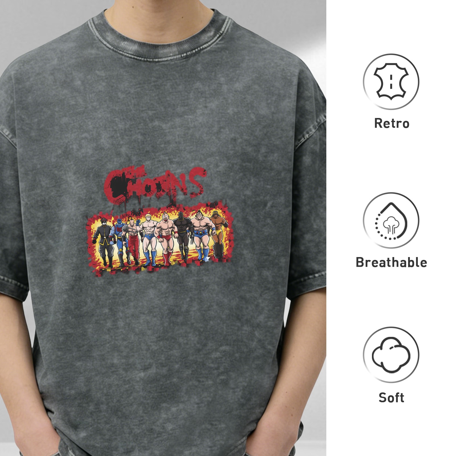 Washed Black Graphic T-Shirt with Retro Wrestler Team Print