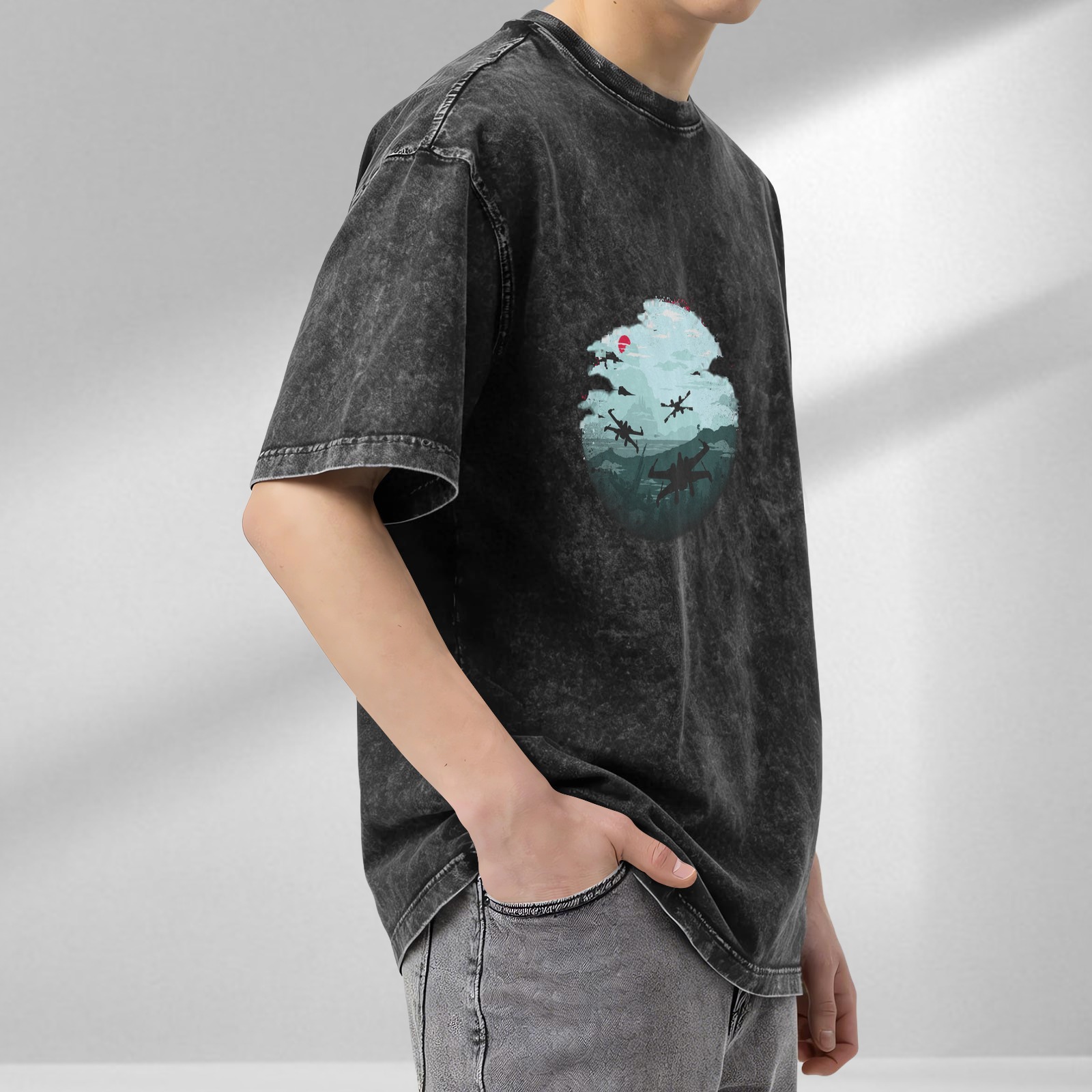 Oversized Vintage Wash Graphic T-Shirt with Star Wars X-Wing Fighter Design