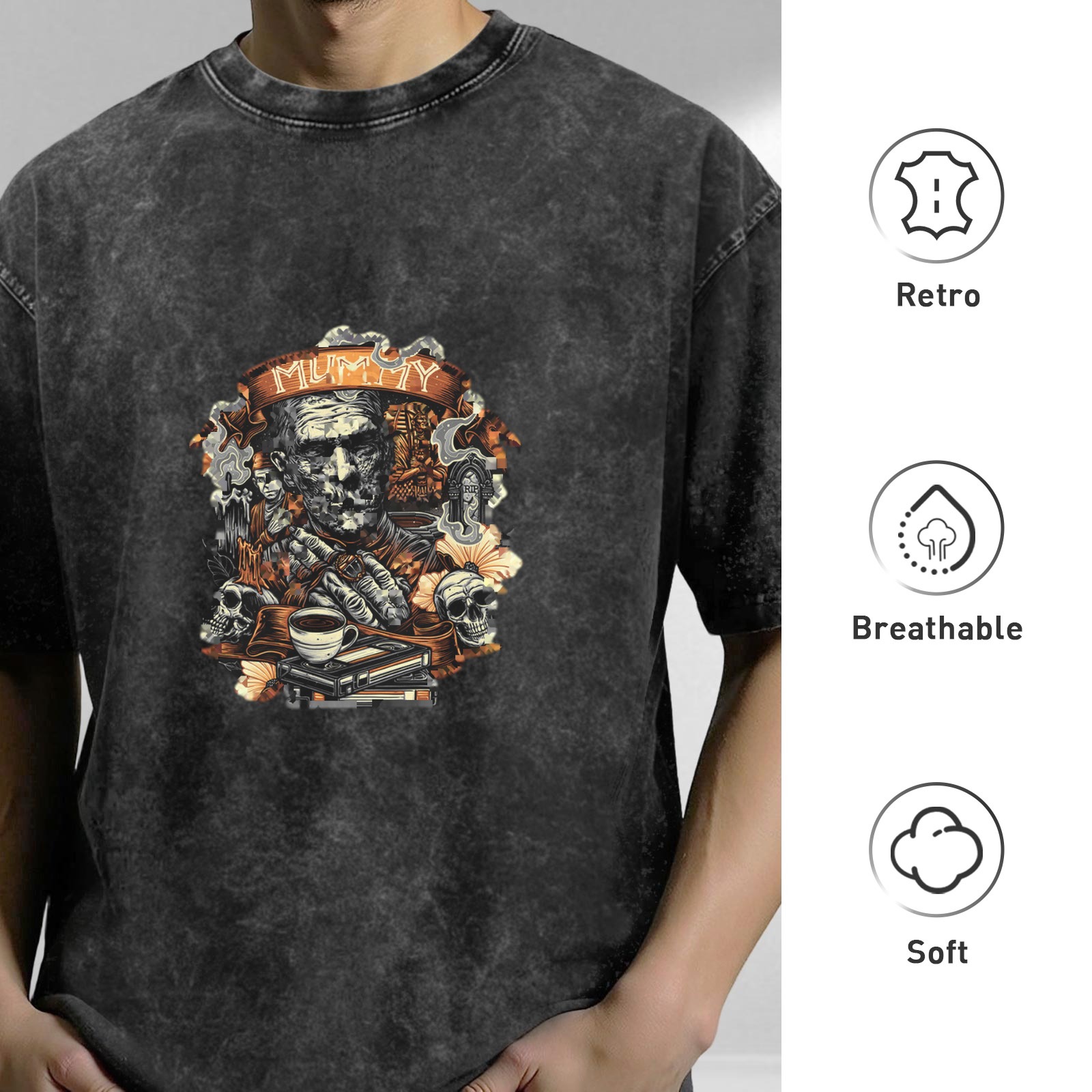 Washed Black Mummy Graphic T-Shirt with Skulls and Coffee Design