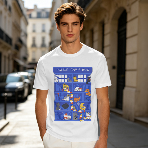Olive T-Shirt with Police Box and Playful Cats Graphic