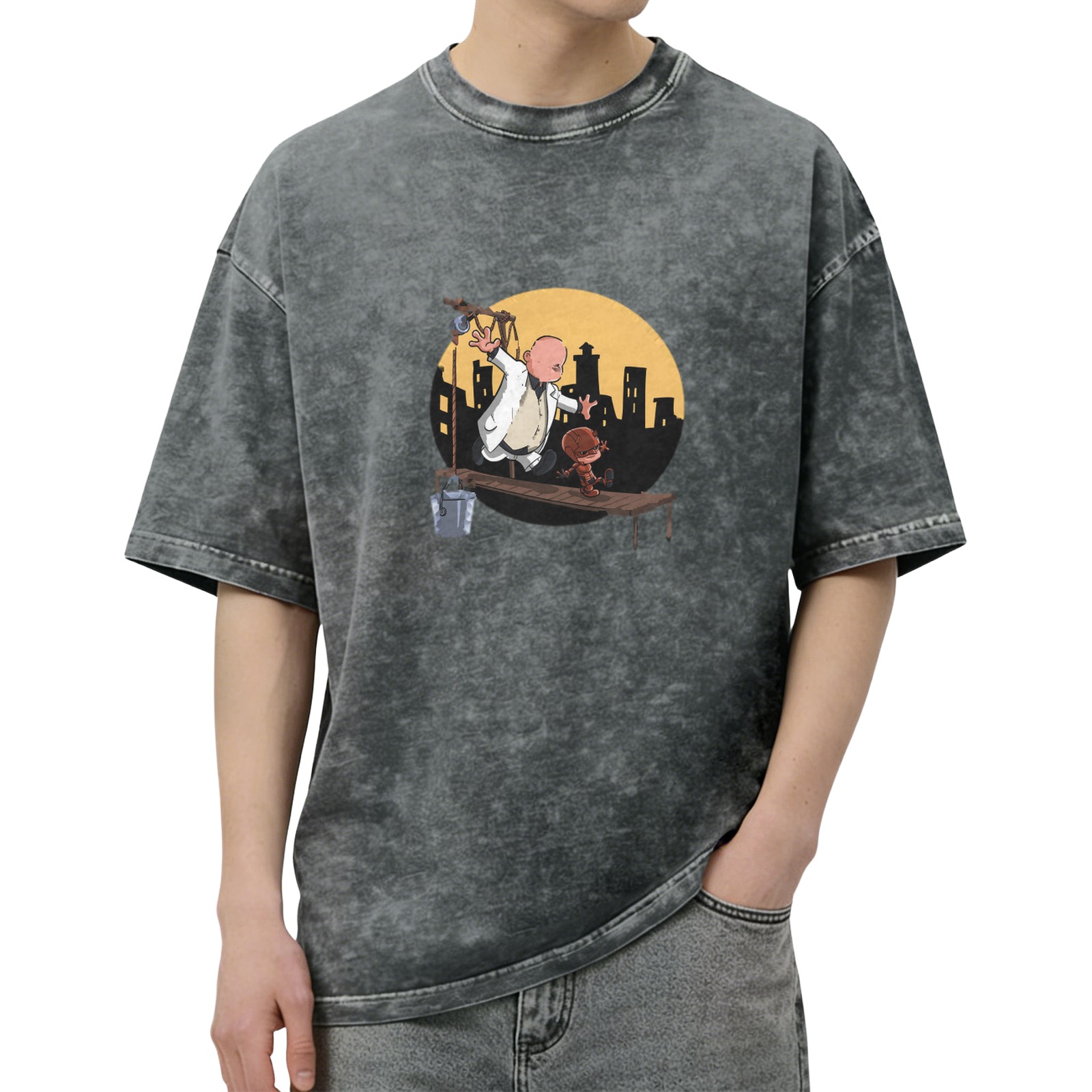 Washed black graphic t-shirt with cartoon characters on a scaffold city skyline