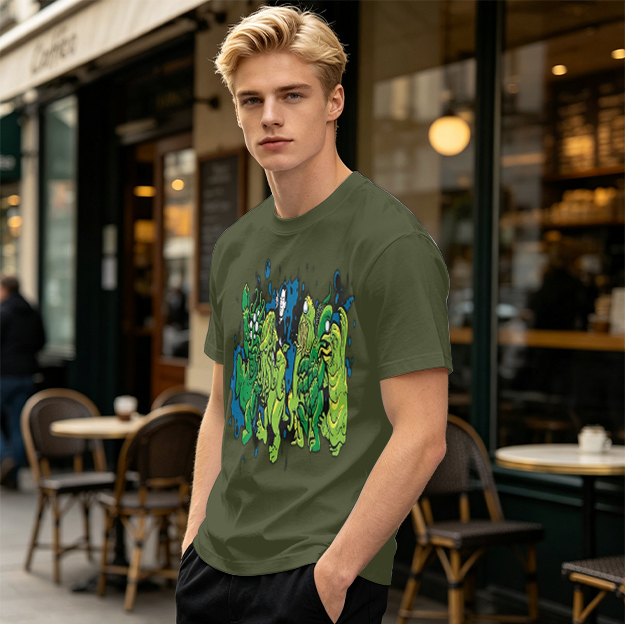 Olive Green T-Shirt With Abstract Green Monster Graphic Print