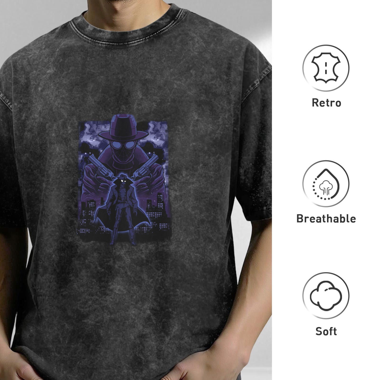 Oversized Dark Wash T-Shirt With Noir Detective Graphic Print
