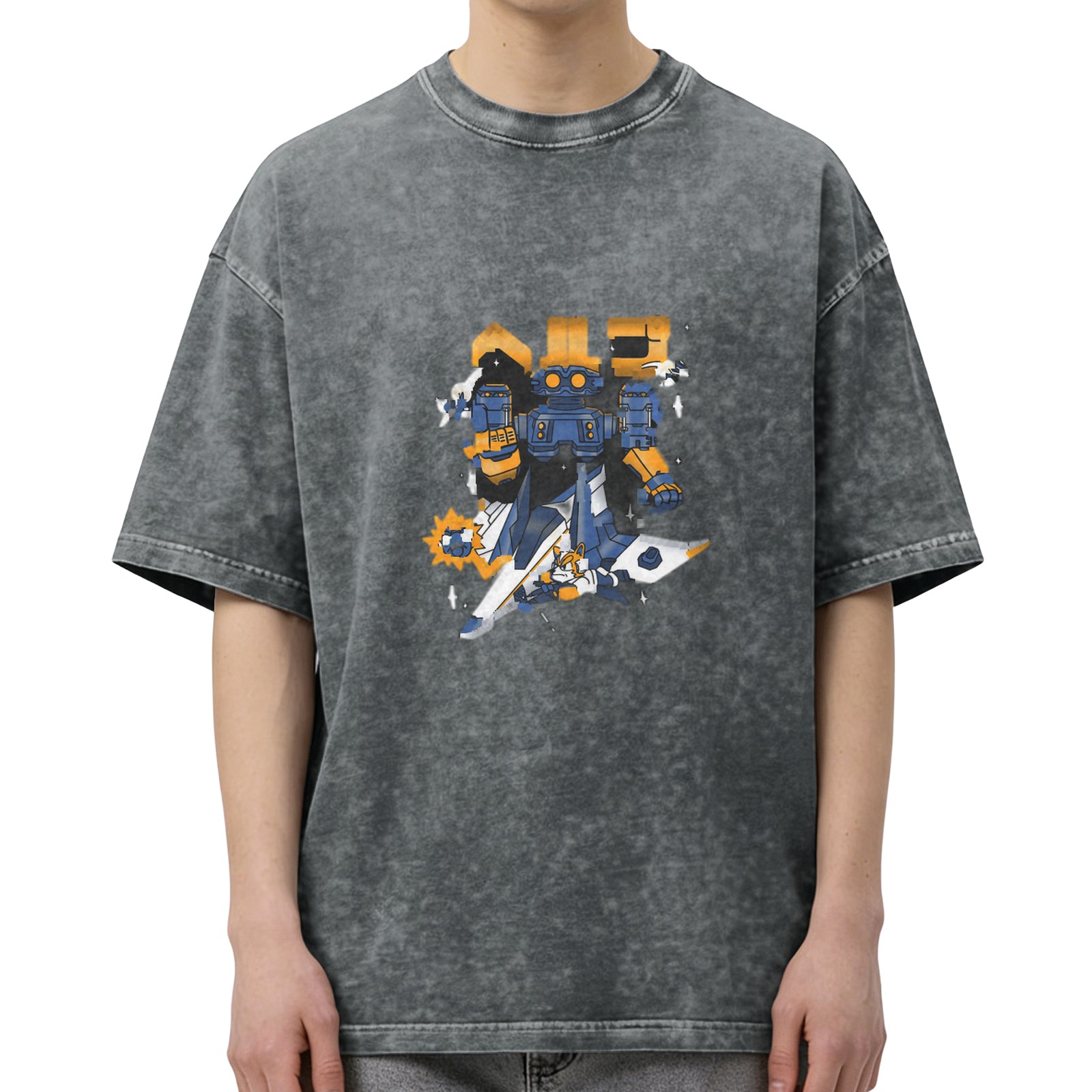 Oversized Black Stone Wash T-Shirt with Robot Graphic Print