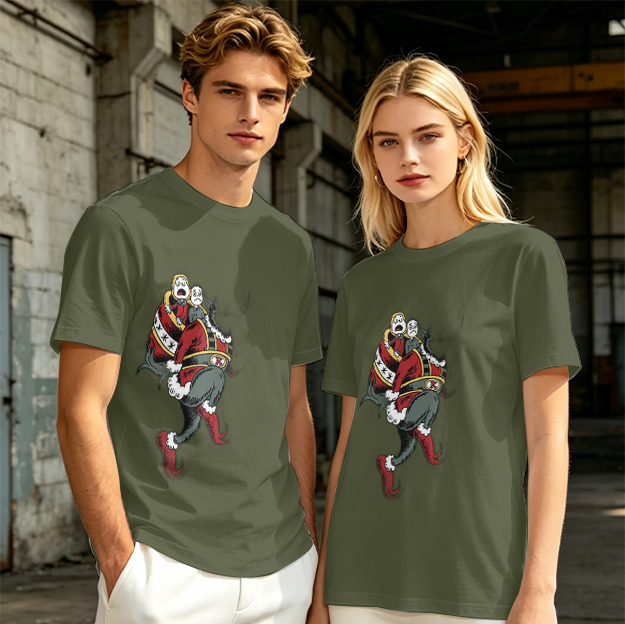 Olive T-shirt with distressed cartoon Santa Claus graphic
