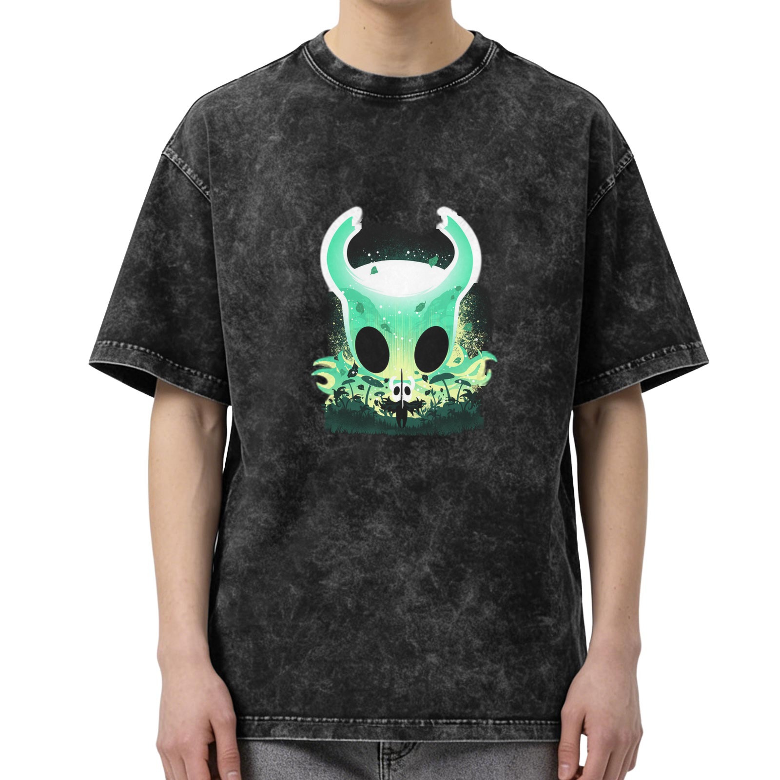 Oversized Dark Wash T-Shirt With Glowing Green Horned Skull Art