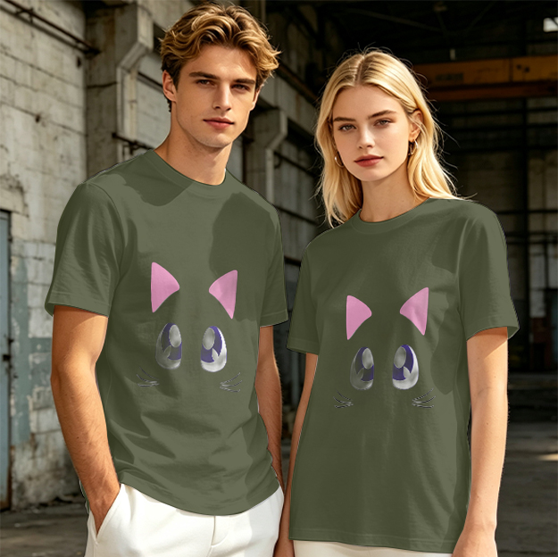 Olive Green T-Shirt With Cute Cat Face Graphic Print