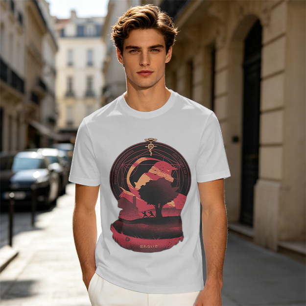 Olive t-shirt with Fullmetal Alchemist inspired sunset landscape print