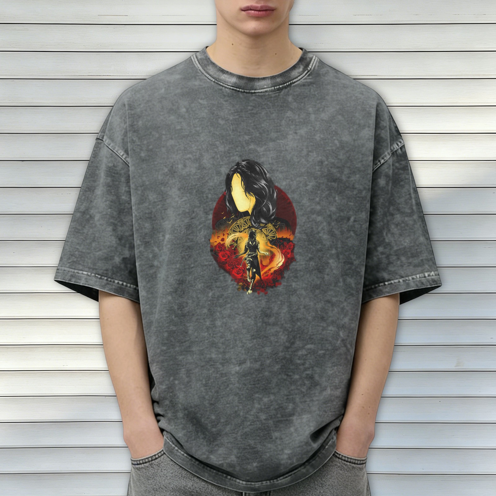 oversized acid wash graphic t-shirt with fantasy warrior woman print