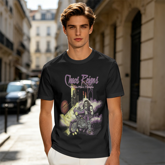 Olive Graphic T-Shirt with Chaos Reigns Biker Artwork