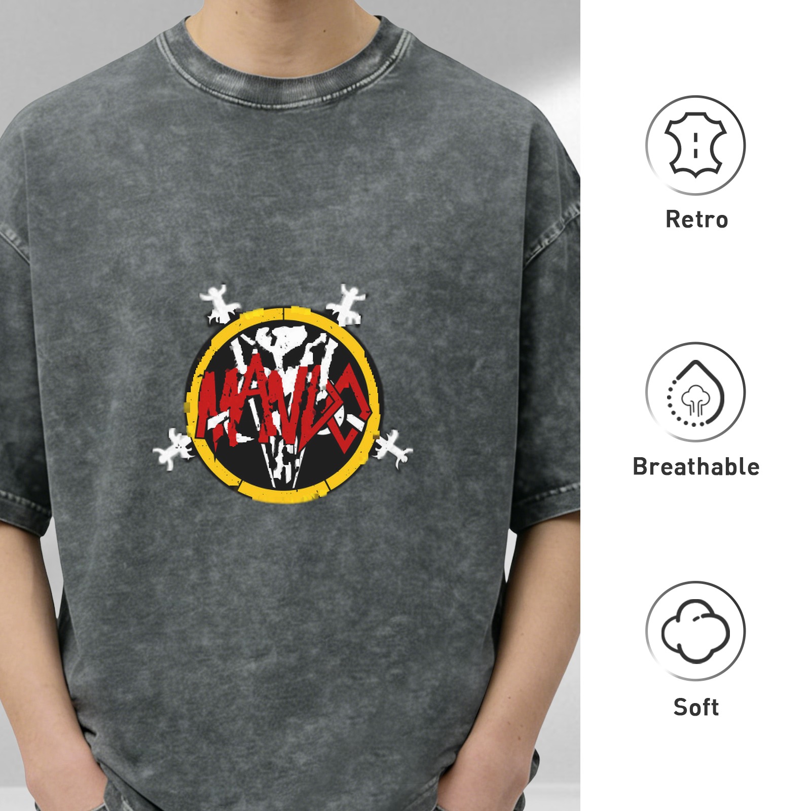 Washed Black Graphic T-Shirt With Skull And Red Text Design