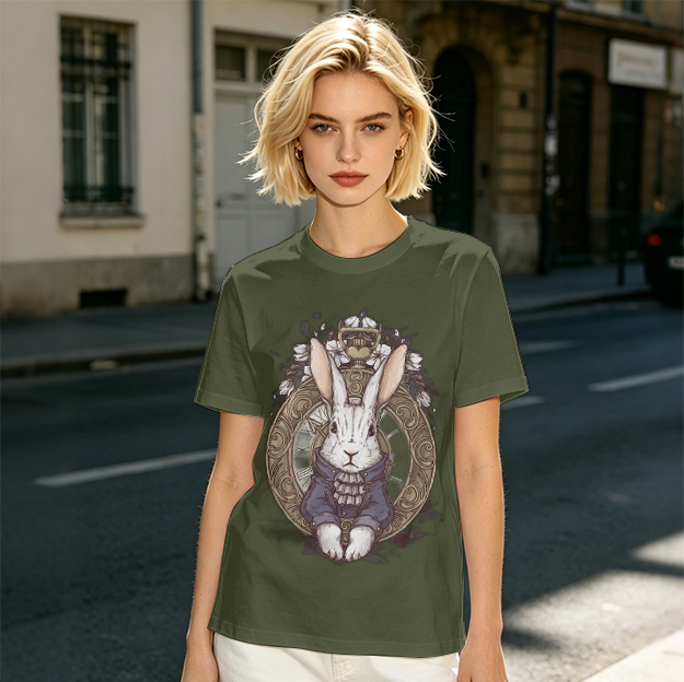 Olive T-Shirt With Steampunk White Rabbit Pocket Watch Art