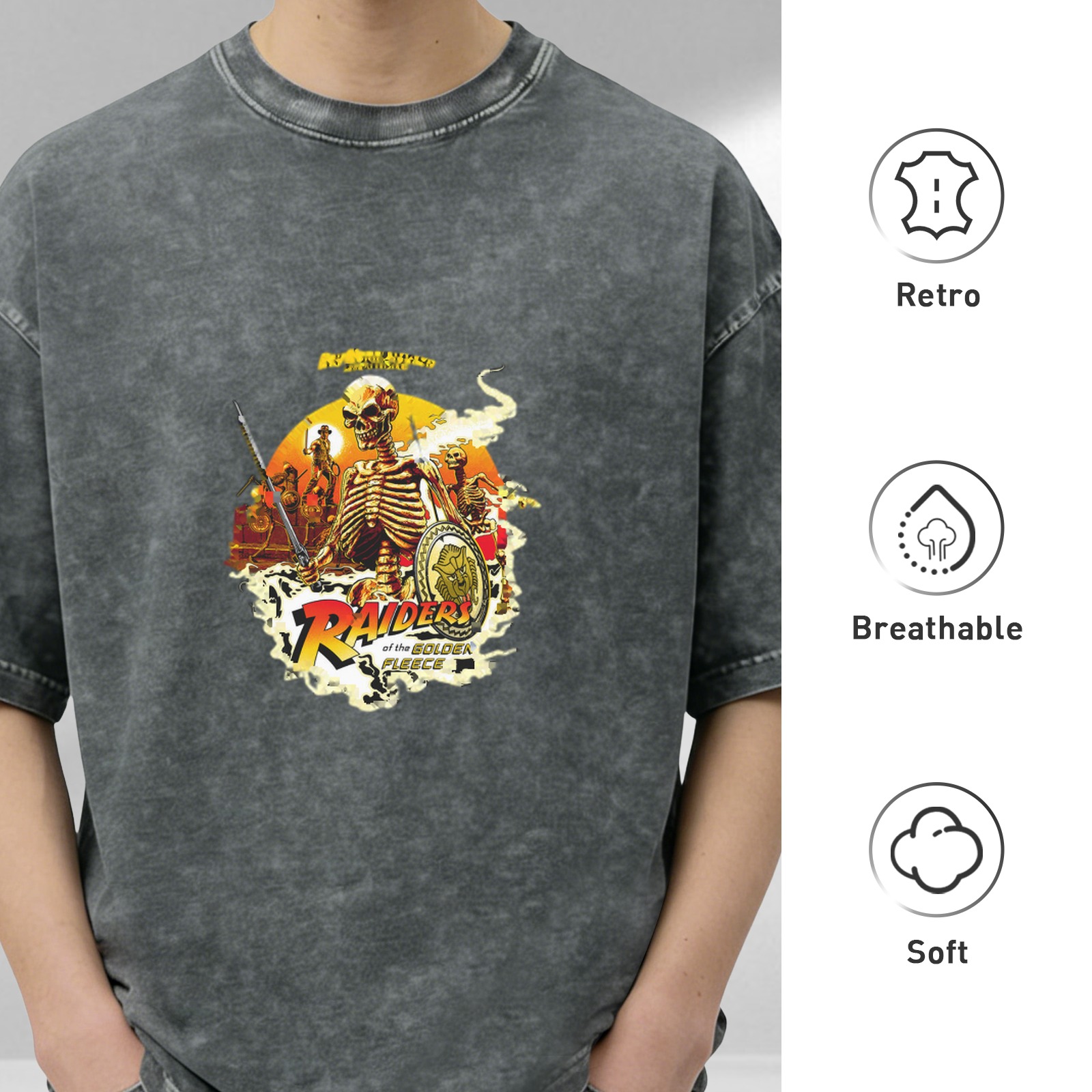 Washed Black Graphic T-Shirt with Raiders of the Golden Fleece Skeleton Print