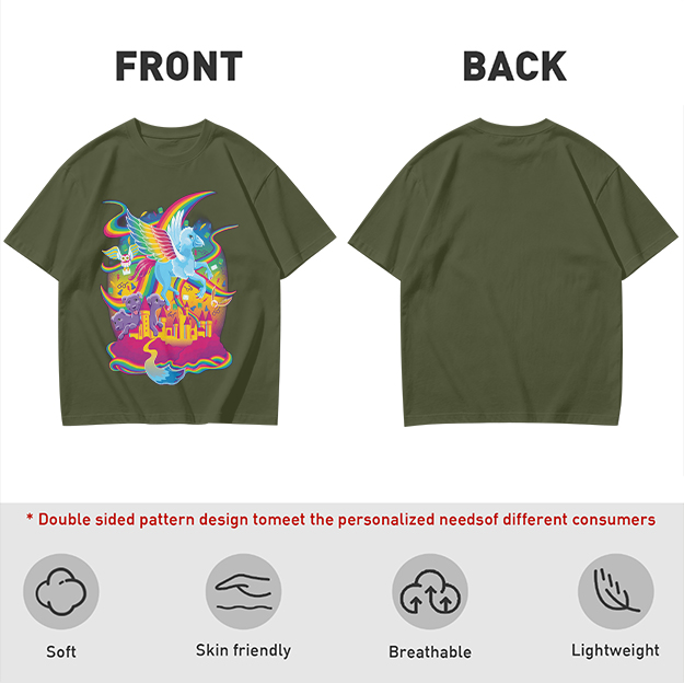 Olive T-Shirt With Whimsical Rainbow Fantasy Creature Castle Art