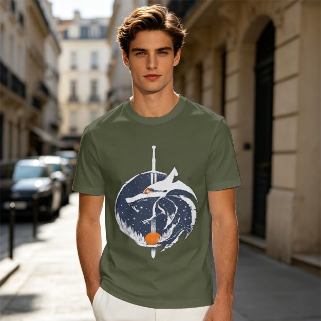 Olive T-shirt with Wolf and Sword Fantasy Art Print