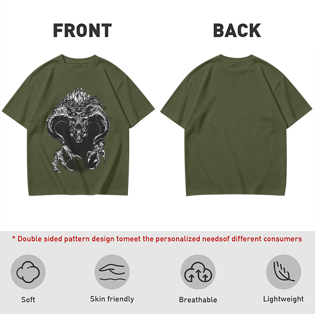 Olive T-Shirt With Dark Fantasy Demon Monster Graphic Print