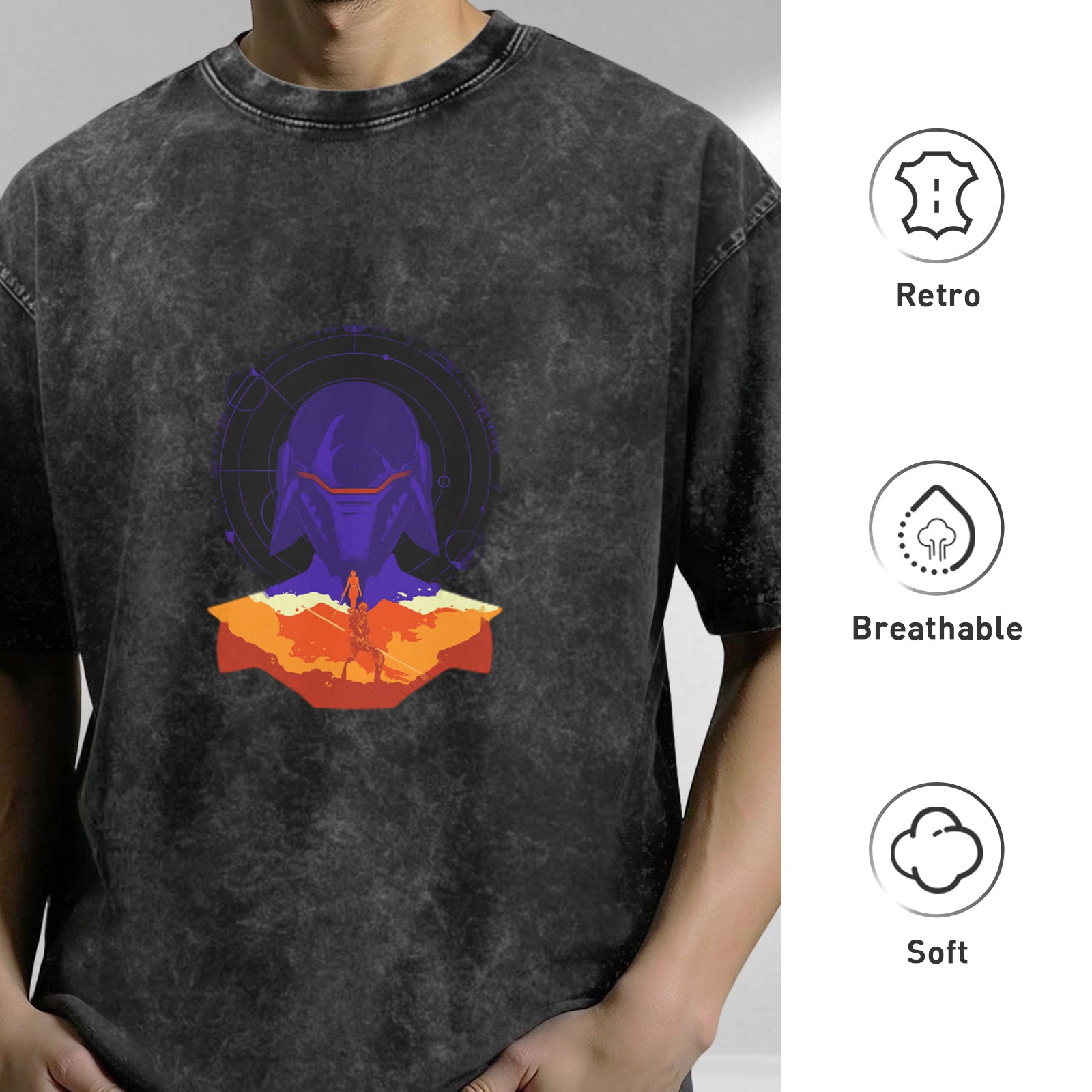 Oversized Acid Wash T-Shirt with Sci-Fi Warrior Helmet Graphic