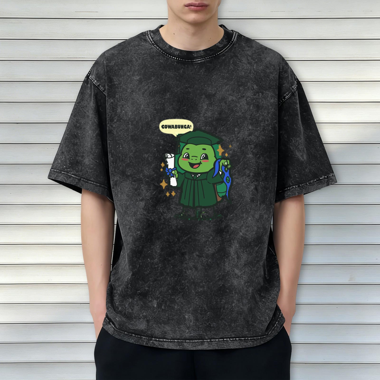 Washed Black T-Shirt with Graduation Turtle Cowabunga Print