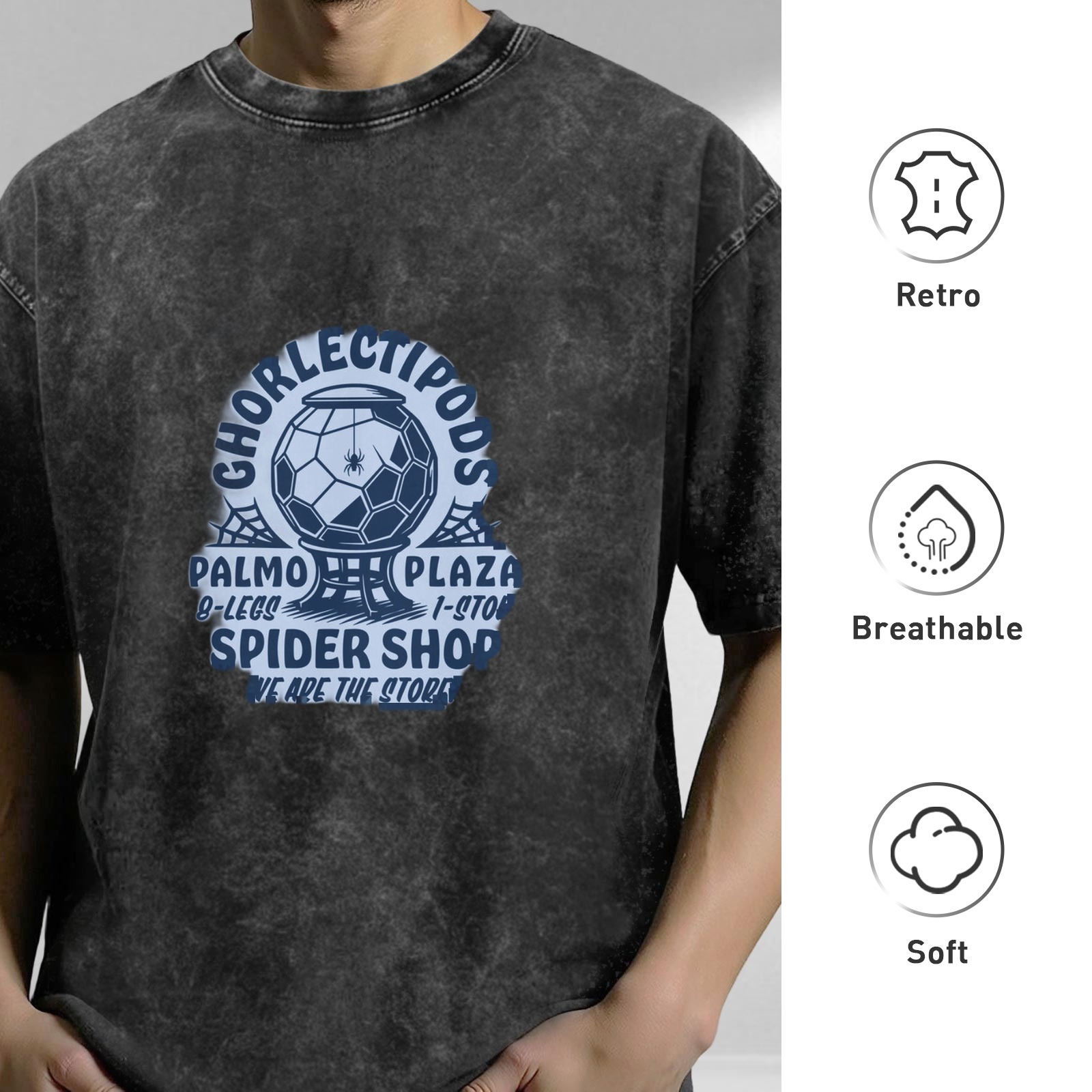 Washed black graphic tee with spider shop themed print