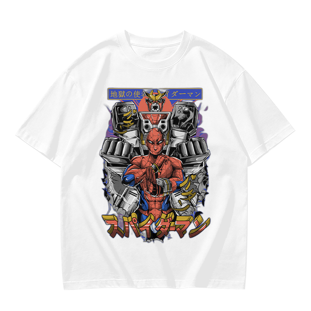 Olive T-shirt with Japanese Spider-Man Mech Graphic Print