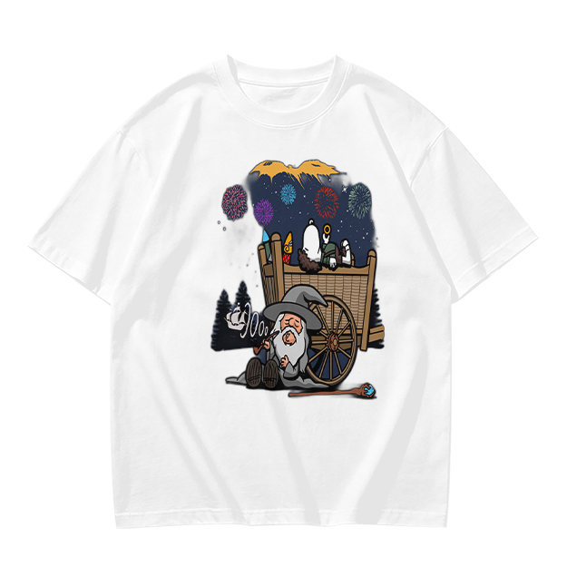 Olive T-Shirt with Wizard and Fireworks Cart Graphic